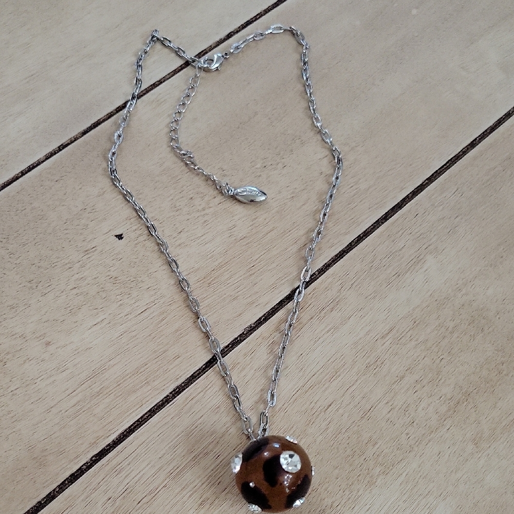 Guess Silver Necklace with Brown Pendant